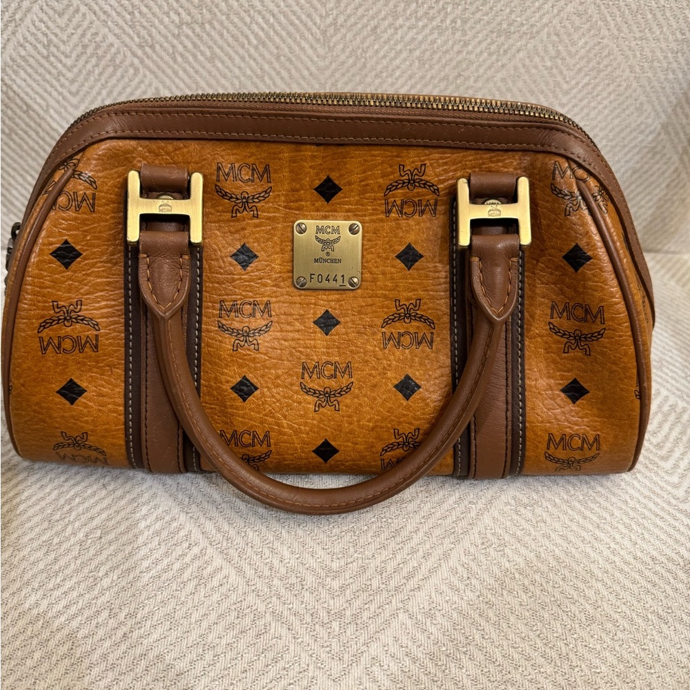 MCM Cognac Leather Satchel with Gold Details